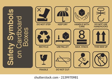 Set of multiple Safety signs and symbols used on cardboard boxes. Vector illustration