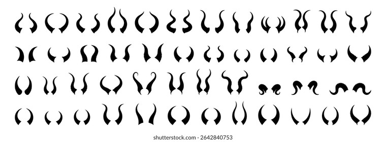 Set of Multiple Silhouette Horn Shapes, Isolated Black Horns Variety