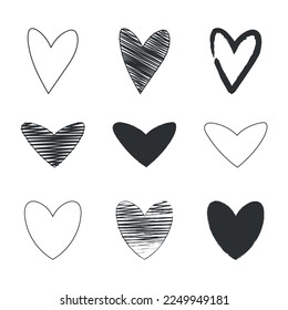 Set Of Multiple Style Black Doodle Hearts Vectorart
