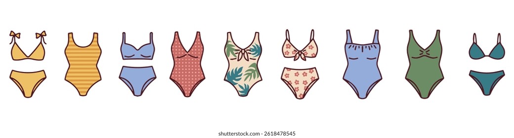 Set of multiple women’s swimsuits including bikinis and one-piece designs in various summer colors and patterns