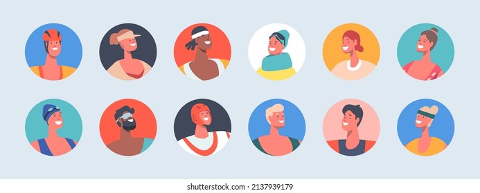 Set of Multiracial Athletes Avatars, Young and Mature Sports Men or Women Portraits, Male and Female Characters for Social Media Profiles. Cartoon People Vector Illustration, Isolated Round Icons.