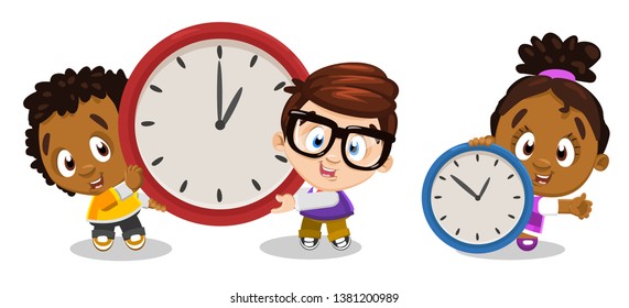 Set of multiracial boys and girl holding different size clocks. Kids learning to making everything in time, being successful in time management. Vector cartoon clip art isolated on white background.