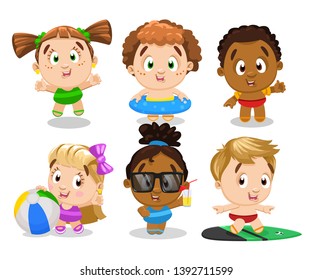 Set of multiracial boys and girls standing with swim outfits: inflatable ring, ball, surfboard, armbands. Children sunbathing, playing, swimming, surfing in summer. Vector cartoon clip art on white.