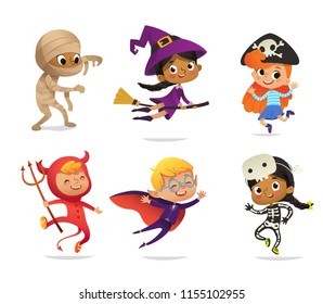 Set of Multiracial Boys and Girls, wearing Halloween costumes isolated on white background. Cartoon vector characters of Kid witch, pirate, Dracula, devil, skeleton, mummy, for party, web, mascot