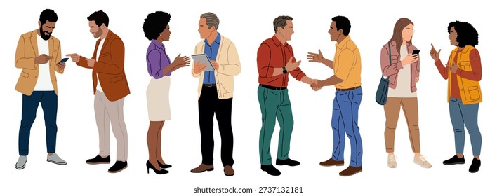 Set of multiracial business team members standing, talking, and interacting during meetings, brainstorming sessions, and coffee breaks. Modern vector illustrations isolated on white background.