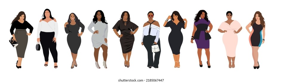 Set of multiracial business women wearing office outfit. Attractive curvy girls in formal dress. Cartoon style fashion realistic vector illustrations isolated on white background.