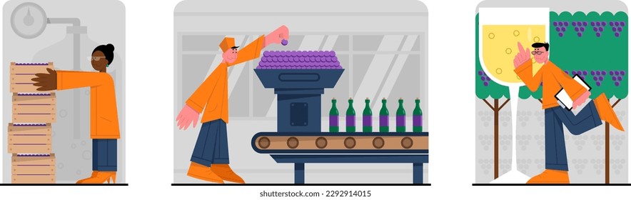 Set of multiracial cartoon characters dealing with wine production. Young people growing organic grapes to make alcohol drinks. Time for vinification. Vector