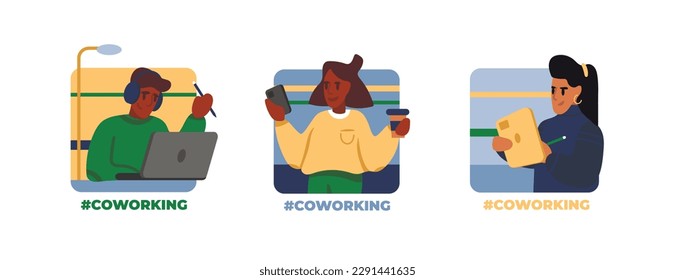 Set of multiracial cartoon characters with different gadgets working. Shared working environment. Concept of open space office. Group of freelancers. Vector