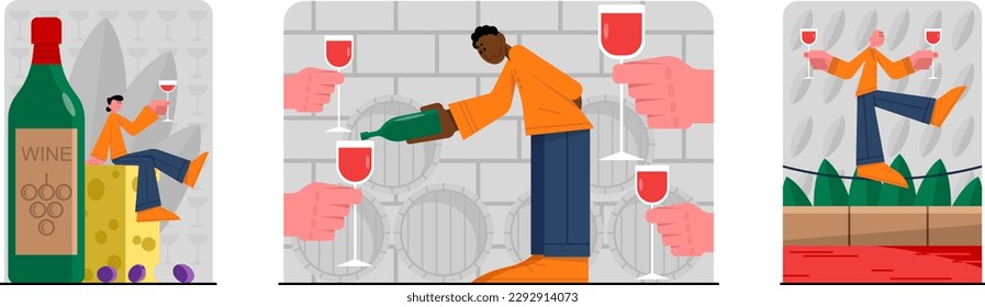 Conjunto de personajes de caricatura multirracial degustando vino de uvas orgánicas. Jóvenes involucrados en el proceso de elaboración de vinos. Sirviendo bebidas alcohólicas en el restaurante. Vector