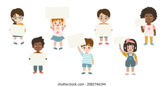 Set of multiracial children holding empty banner. Collection of cartoon kids showing blank paper placard and plates.