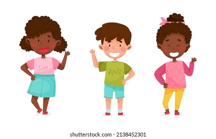 Set of multiracial children waving their hands in greeting. Boys and girls standing with hand raised cartoon vector illustration