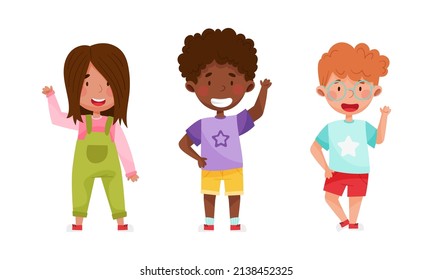 Set of multiracial children waving their hands in greeting cartoon vector illustration