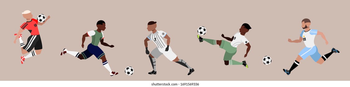 Set of multiracial football players. Collection of hand drawn isolated vector characters. Sports and running. Football game players. Goalkeeper and team members. Trendy male character design set.