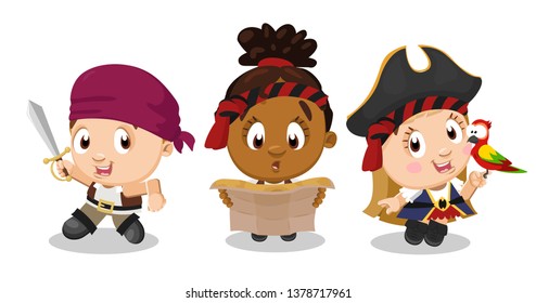 Set of multiracial girls and boy posing in pirate costumes with dagger, map, parrot. Concept of kid`s drama school, theatre, entertainment. Vector cartoon clip art isolated on white background