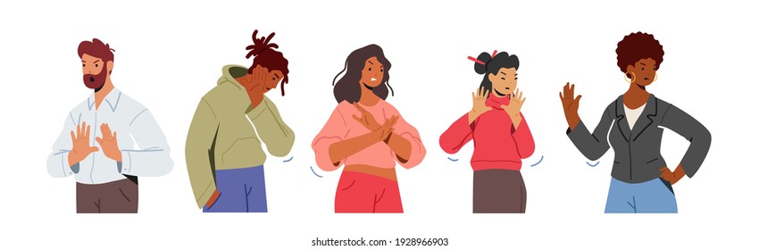 Set of Multiracial Male and Female Characters Showing Refusal or Stop Gesture with Open Hand Palm Expressing Negative Emotions, Communication, Disagree Feelings Gesturing. Cartoon Vector Illustration