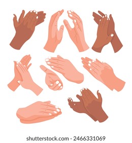 Set of Multiracial male and female Human hands Clapping gesture collection, People crowd applaud to congratulate success job, bravo applause, Audience greeting showing cheer expression, positive.