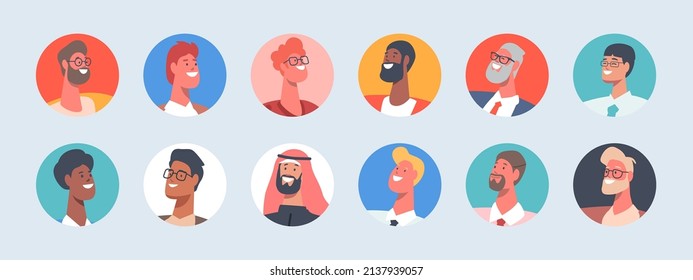 Set of Multiracial Men Avatars, Young and Mature Male Characters Portraits for Social Media Profiles and Web Design. Caucasian, African, Arab, Asian People. Cartoon Vector Illustration, Round Icons