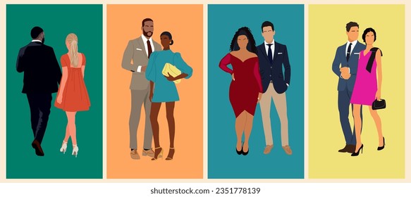 Set of multiracial and multinational couples wearing evening formal outfits for celebration, wedding, event, party. Happy men and women in gorgeous clothes vector realistic illustration isolated