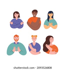 Set of multiracial or multinational people love and hug herself on white background. Self love and self care. Love yourself. Love your body concept. Hand draw style. Vector flat illustration.