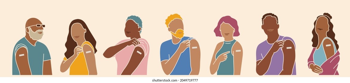 Set of multiracial people after getting vaccine. Multicultural team. Vector illustration in hand drawn flat style.