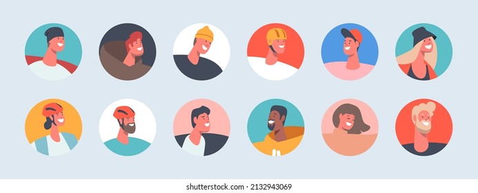 Set of Multiracial People Avatars, Young and Mature Men or Women Portraits, Male and Female Characters for Social Media Profiles and Web Design. Cartoon Vector Illustration, Isolated Round Icons.