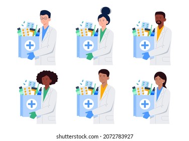 Set of multiracial pharmacists with bags of medication. Delivery service of drugs, prescription medicines. Vector flat illustrations isolated on white background.