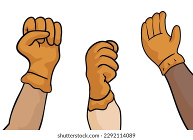 Set with multiracial raised fists with yellow work gloves in three positions. Design in cartoon style on white background.