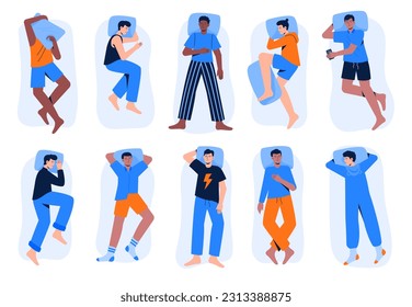 Set of multiracial sleeping men. Men lie in various poses during dream in bed. Nap or night sleeping positions. Top view. Vector illustrations in flat style. 