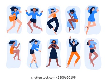 Conjunto de mujeres durmientes multirraciales. Las mujeres yacen en varias poses durante el sueño en la cama. Posiciones para dormir la siesta o la noche. Vista superior. Ilustraciones vectoriales de estilo plano. 