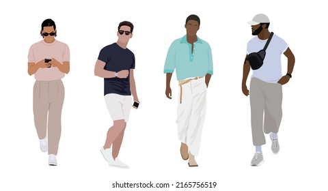 Conjunto de jóvenes multirraciales usando ropa moderna. Estilosos hombres vestidos con un moderno traje de verano de moda callejera parados y caminando. Ilustración vectorial de estilo caricatura aislada en fondo blanco.