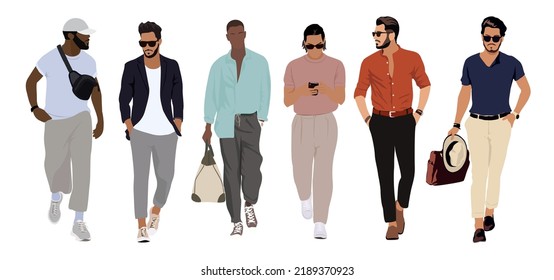 Set of multiracial young men wearing modern clothes. Stylish men in trendy street fashion outfit standing and walking. Cartoon style vector realistic illustrations isolated on white background.