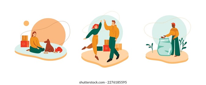 Set of multiracial young people from volunteering organization. Process of helping others and pets. Cartoon characters doing charity and donations. Social active youth. Vector