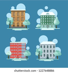 Set of  multi-storey building. Winter.  Flat design. Vector illustration.