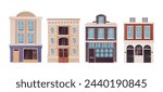 Set of Multi-storey buildings in a classic style. Cartoon house, modern architecture and city exterior. Vector isolated on white illustration.
