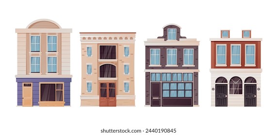 Conjunto de edificios de varios pisos en un estilo clásico. Casa de dibujos animados, arquitectura moderna y exterior de la ciudad. Vector aislado en la ilustración blanca.