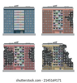 Un conjunto de edificios de varios pisos de diferentes grados de destrucción durante la guerra, desastre natural. Edificio moderno y ruinoso.