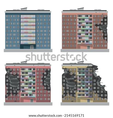 A set of multi-storey buildings of varying degrees of destruction during the war, natural disaster. Ruined modern urban high-rise building.