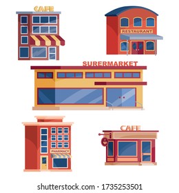 eine Reihe mehrstöckiger Gebäude, in denen es Restaurants und Cafés gibt, isoliertes Objekt auf weißem Hintergrund, Vektorgrafik,