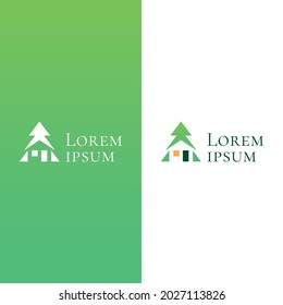 The set of multitask logotypes with abstract house and fir-tree