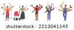Set of Multitasking People with Many Arms Doing Multiple Tasks. Mother with Baby, Housewife with Cleaning Tools, Business Man or Woman and Handyman Characters. Cartoon People Vector Illustration