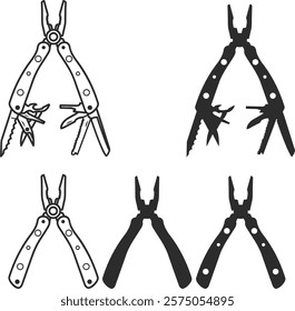 Set of multitool icons, silhouette and line in black, multitool with expanded tools and partially expanded in the form of pliers.