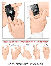 Set of multi-touch gestures for smart-watch. Tap, flick,  two fingers to go back, press buttons. Customizing the display.