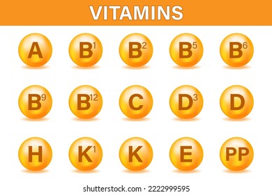 A set of multivitamin complex icons. Multivitamin supplement. Vitamin A, group B, B1, B2, B3, B5, B6, B9, B12, C, D, D3, E, K, H, K 1, PP. An essential vitamin complex.