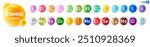 Set of Multivitamin and Minerals supplement 3d vector icons. A, B1, B2, B3, B5, B6, B9, B12, C, D, E, K, H, Fe, I, Ca, Cl, Mg, Mn, Mo, Cu, Se, Cr, Zn, P, Q10. Essential vitamin and mineral complex