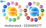 Set of Multivitamin and Minerals supplement 3d vector icons. A, B1, B2, B3, B5, B6, B9, B12, C, D, E, K, H, Fe, I, Ca, Cl, Mg, Mn, Mo, Cu, Se, Cr, Zn, P, Q10. Essential vitamin and mineral complex