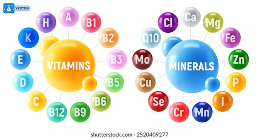 Set of Multivitamin and Minerals supplement 3d vector icons. A, B1, B2, B3, B5, B6, B9, B12, C, D, E, K, H, Fe, I, Ca, Cl, Mg, Mn, Mo, Cu, Se, Cr, Zn, P, Q10. Essential vitamin and mineral complex