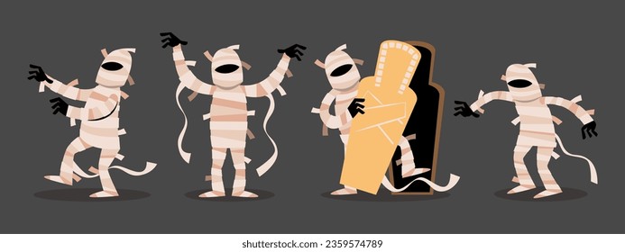 Set of Mummy . Halloween cartoon characters . Gray isolate background . Vector .