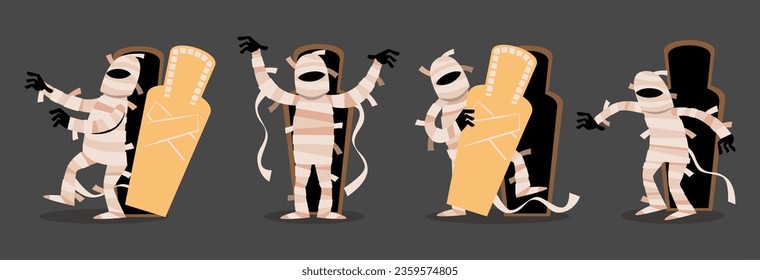 Mummy-Set. Halloween Cartoon Figuren. Grauer isolierter Hintergrund. Vektorgrafik.