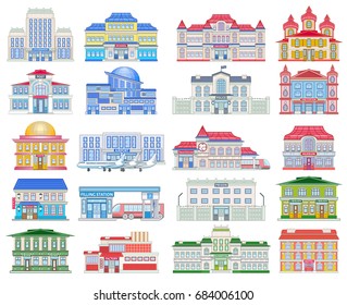 Set of municipal, civil, administrative, public, commercial and industrial constructions. Police, theater, school, factory, government, university, airport and other colored vector building icons