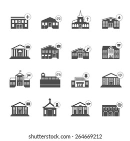 Set of municipal vector houses black and white isolated - university school library museum capitol embassy parliament hospital post church kindergarten prison police court cemetery theater fire
